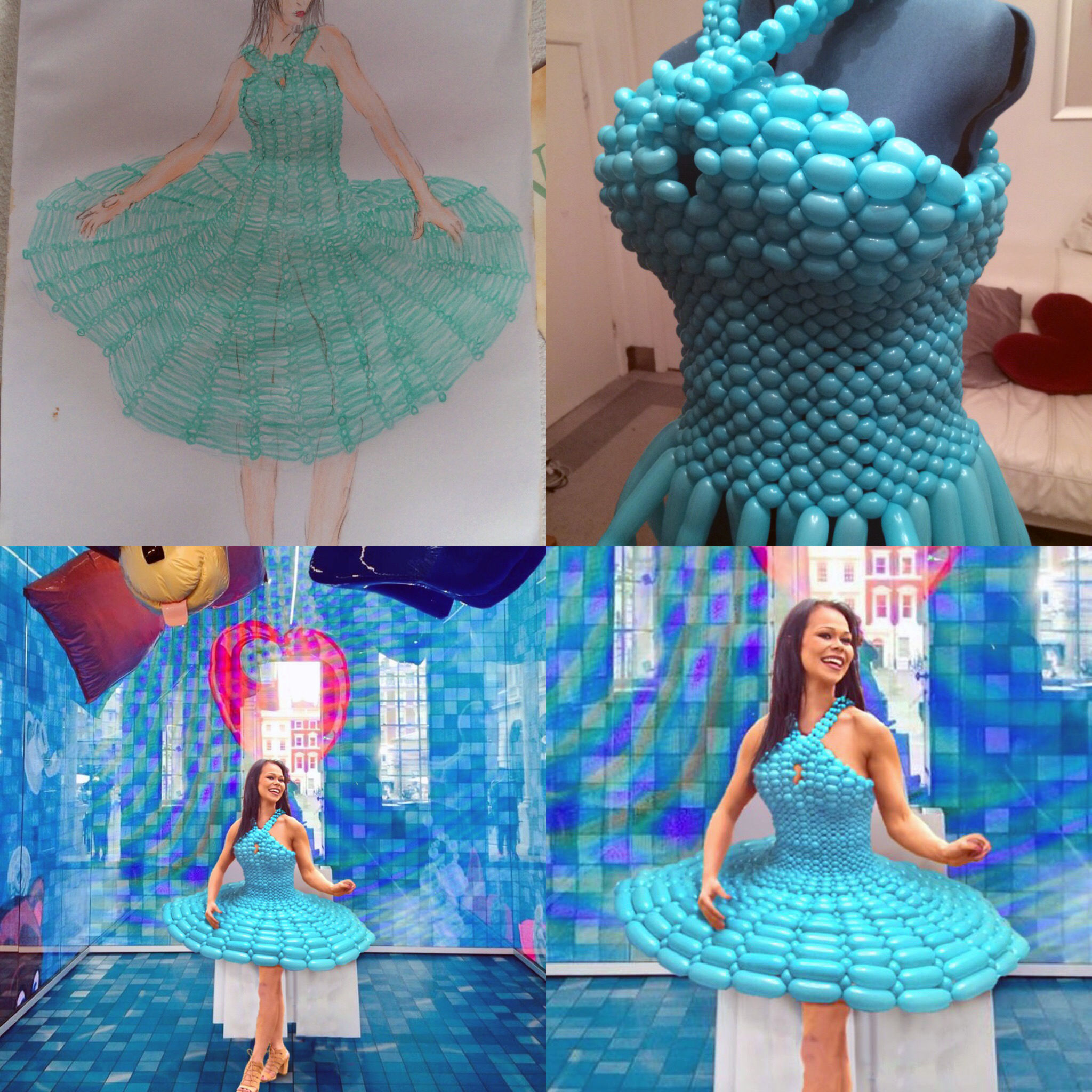 Collage of four images of the blue Melissa Shoes dress