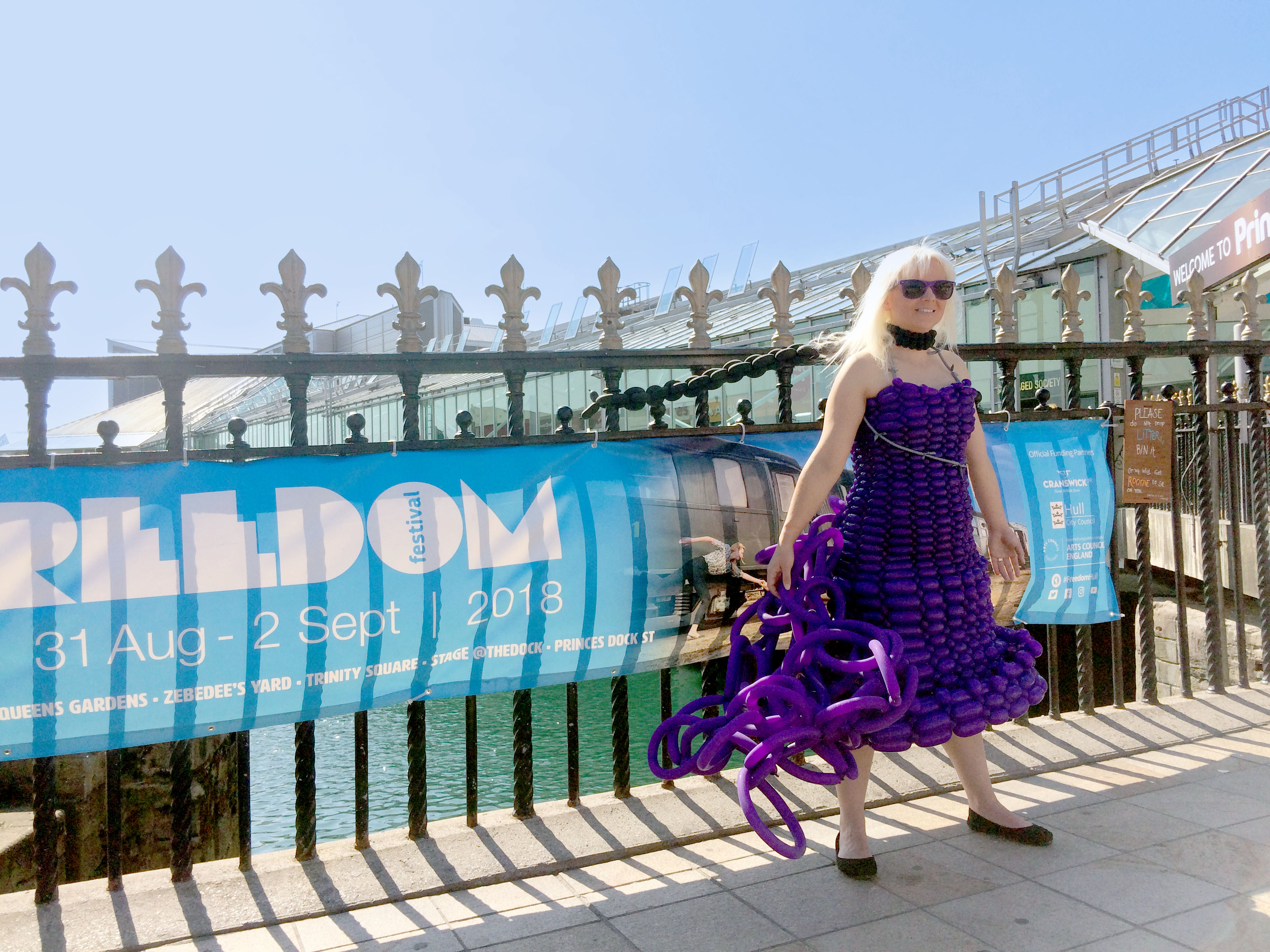 girl in a Freedom festival themed balloon dress