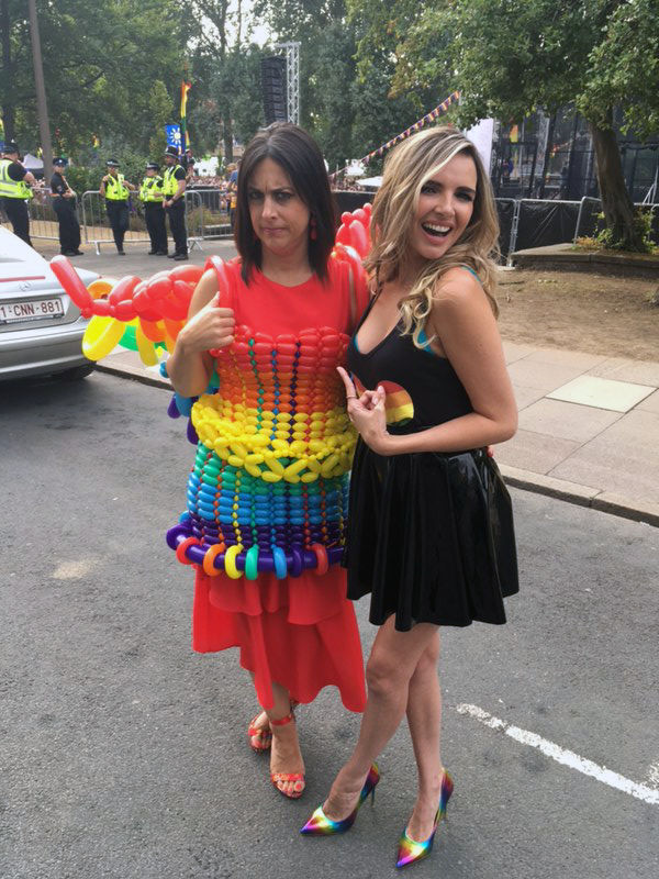 Nadine Coyle and Lucy Kennedy with Lucy wearing pride dress with wings