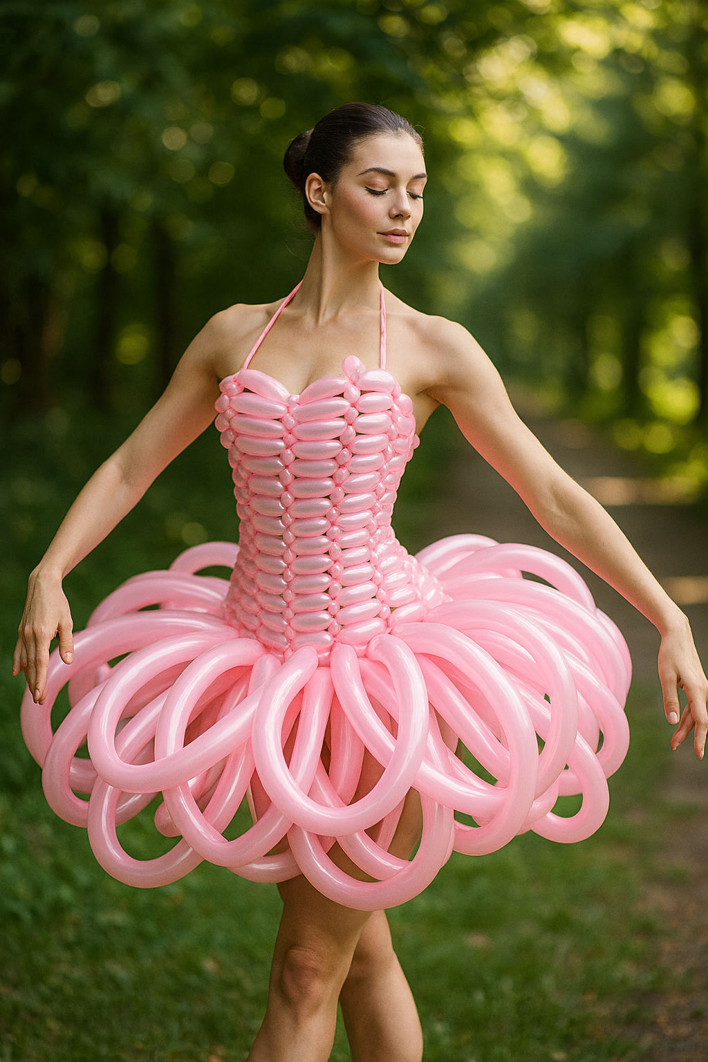 model wearing a pink balloon tutu