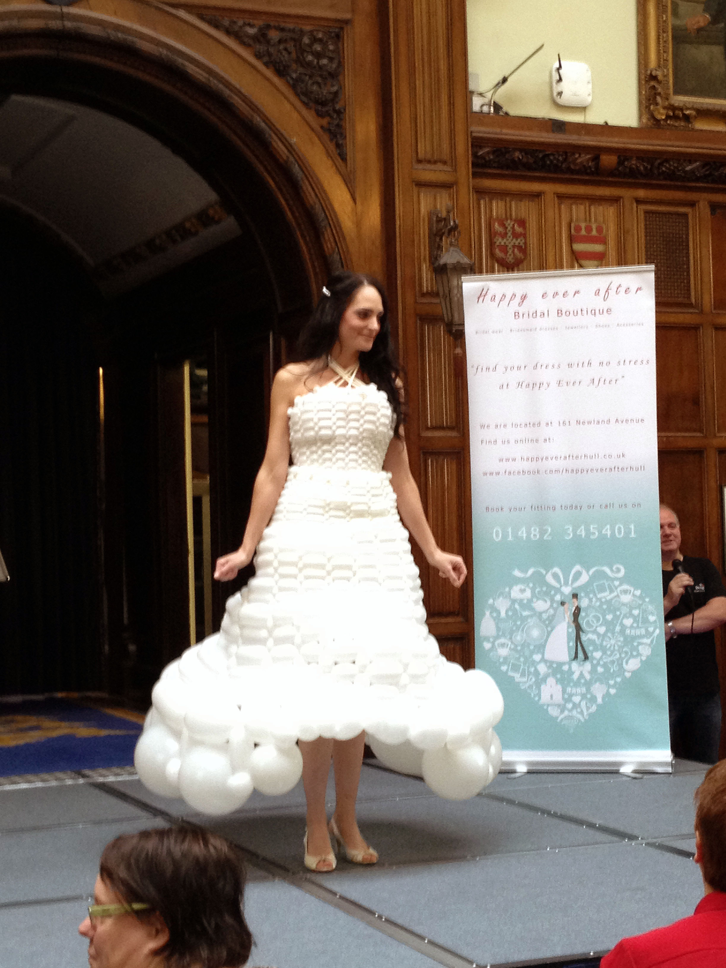 Model wearing aballoon wedding dress on a catwalk